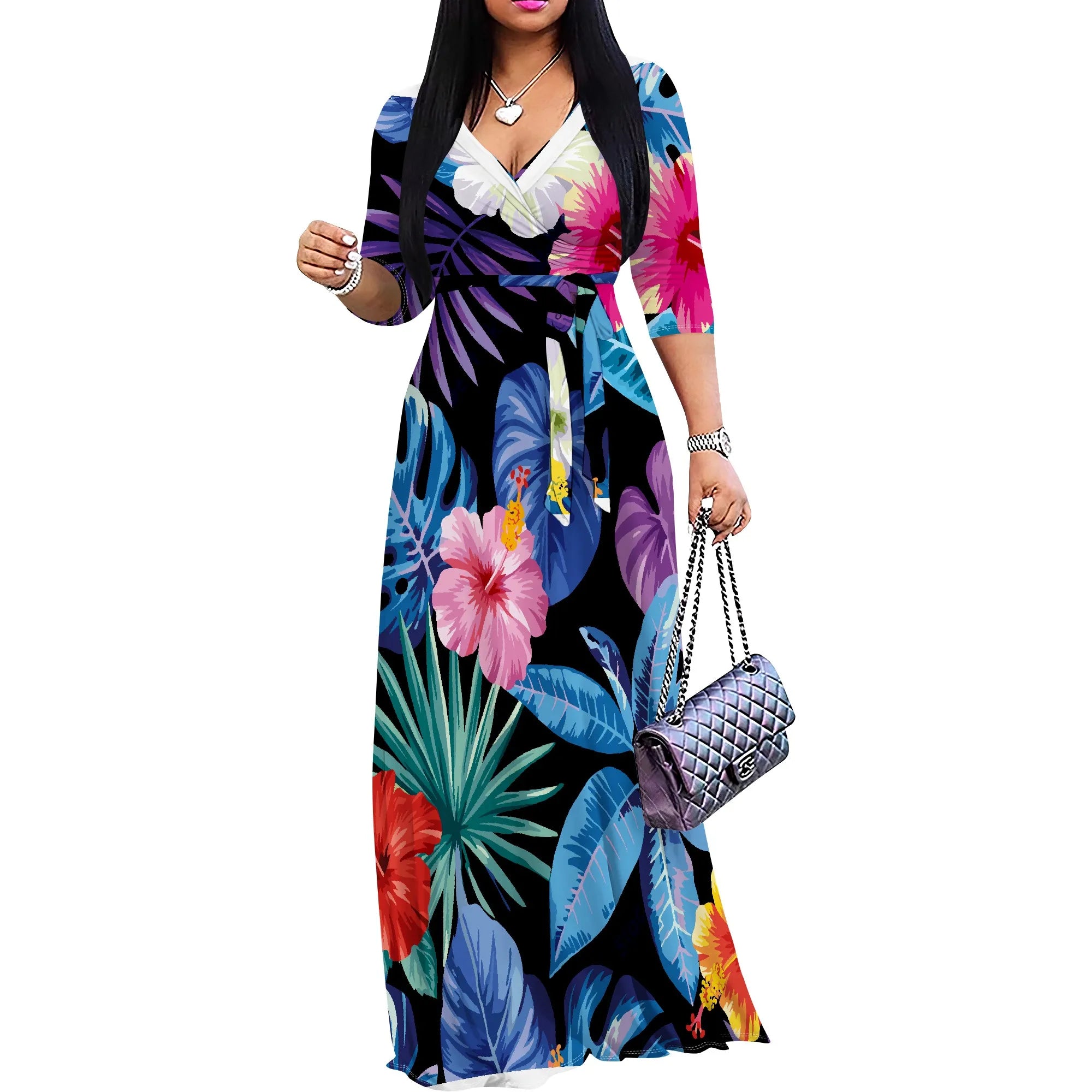 Floral Wrap Maxi Dress – Summer V-Neck