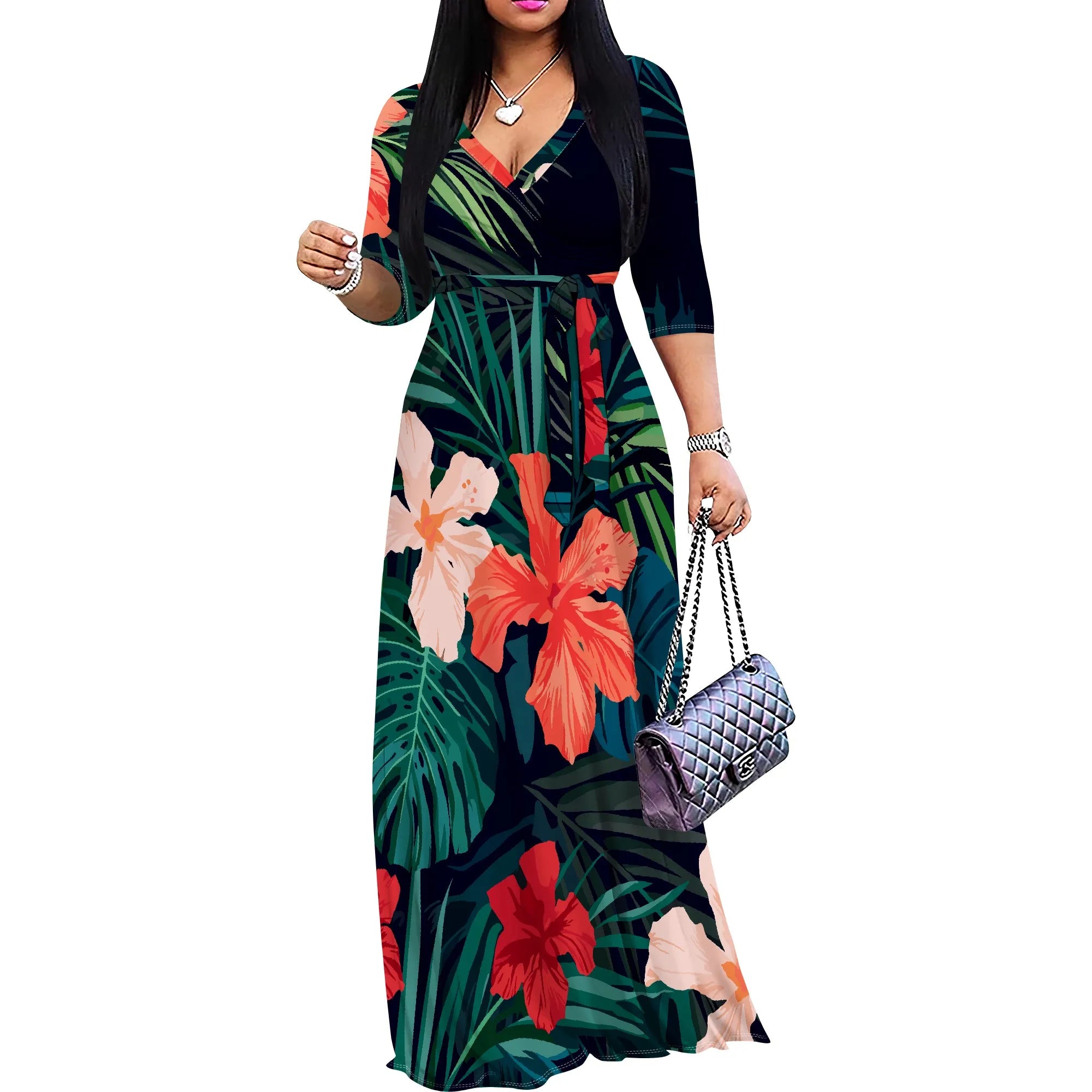 Floral Wrap Maxi Dress – Summer V-Neck