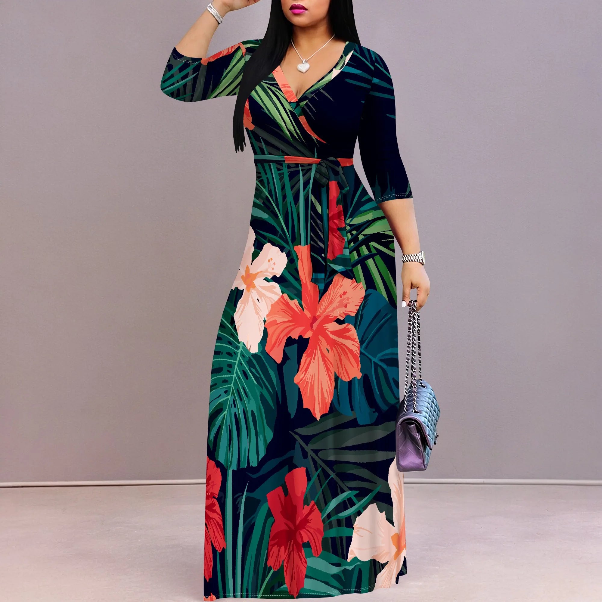 Floral Wrap Maxi Dress – Summer V-Neck