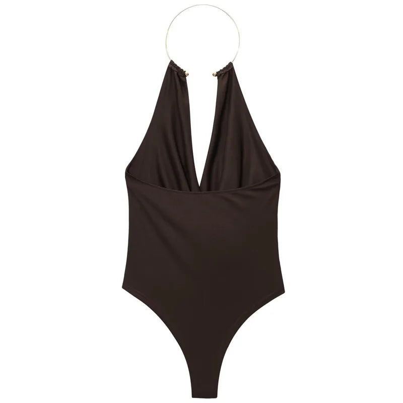Brown Halter Bodysuit – Open Back