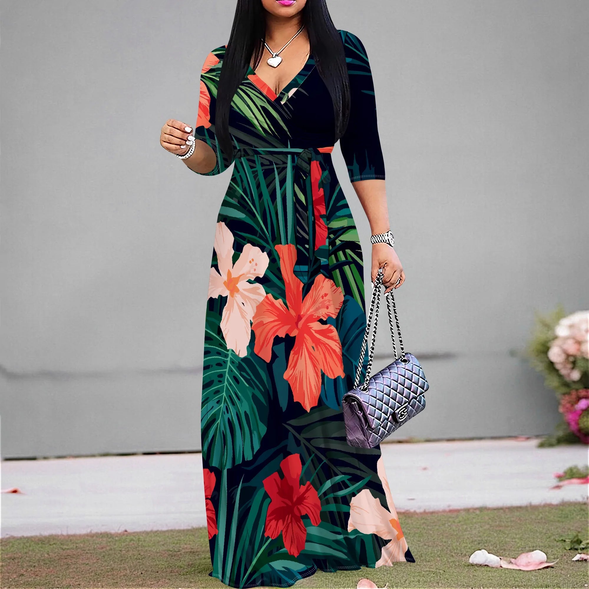 Floral Wrap Maxi Dress – Summer V-Neck