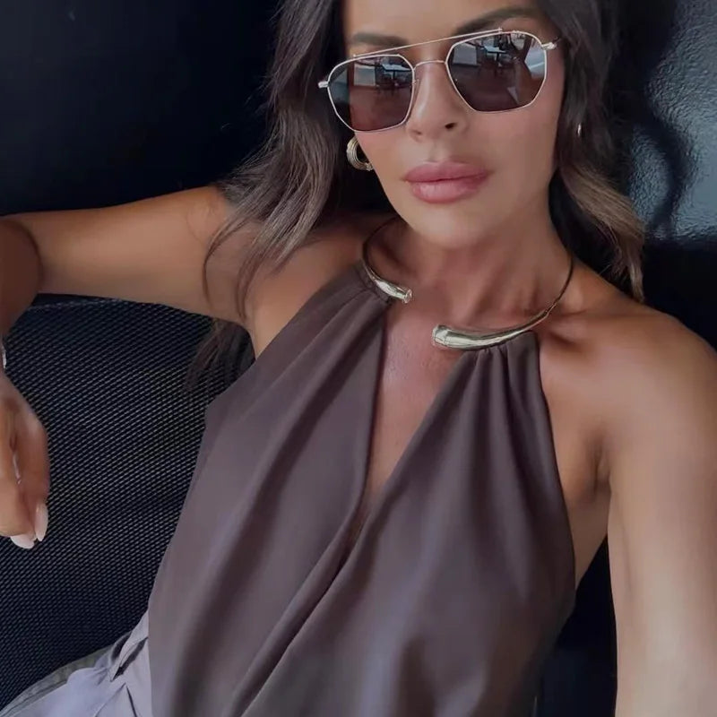 Brown Halter Bodysuit – Open Back