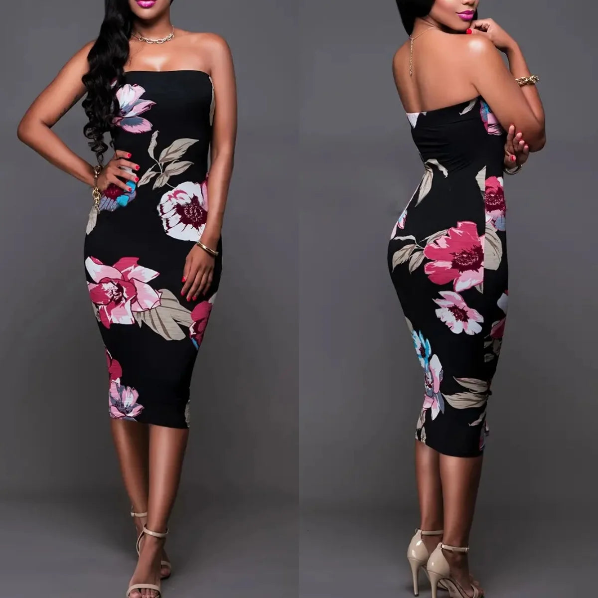New Bohemian Strapless Slash Neck Print Off the Shoulder Sleeveless Sexy Club Dress